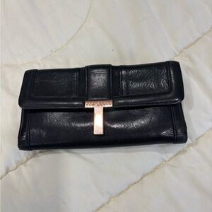 Ted Baker Black Bovine Leather Long Zip Snap Wallet Rose Gold Hardware